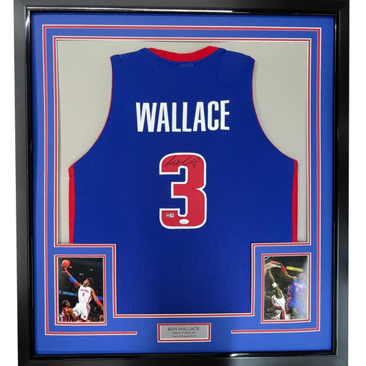 Framed Ben Wallace autographed number 3 basketball jersey with action photos and nameplate