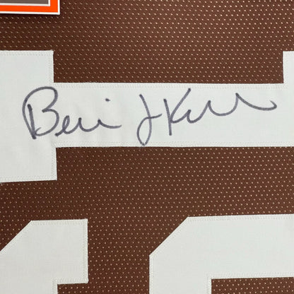 Framed autographed brown and white Cleveland Browns football jersey signed by Ben Roethlisberger with JSA COA