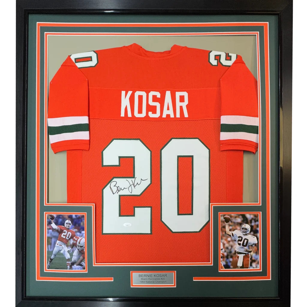 Framed autographed orange miami hurricanes football jersey with white and green trim featuring name kosar number 20 signed by bernie kosar