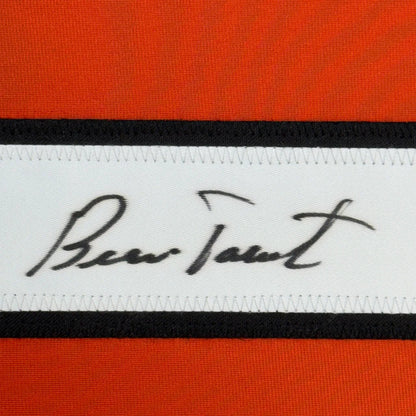Framed autographed Berenice label on Bernie Parent Philadelphia Orange Hockey Jersey