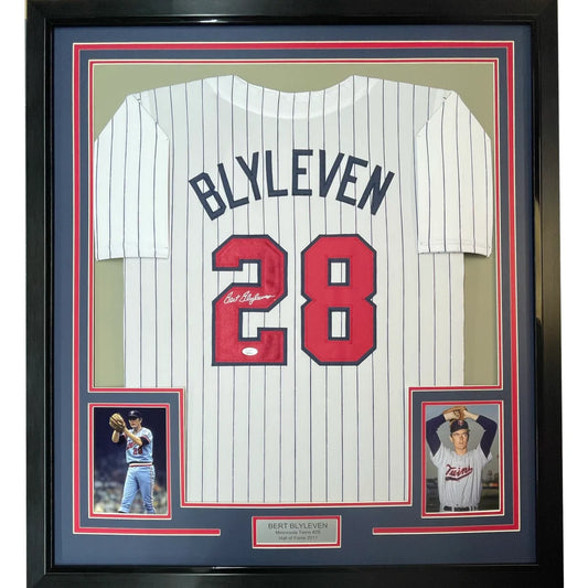 Framed autographed Bert Blyleven Minnesota pinstripe jersey with number 28