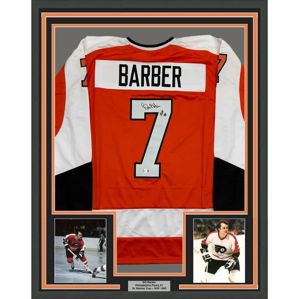 Framed Autographed Bill Barber 35x39 HOF 90 Philadelphia Orange Hockey Jersey Beckett BAS COA | Hall of Fame Sports Memorabilia | vintageantiquesgifts.com