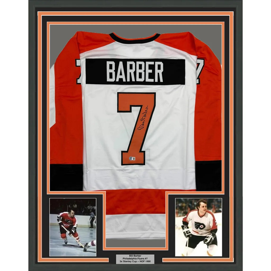 Professionally framed Bernie Parent Philadelphia white hockey jersey with player photos and plaque