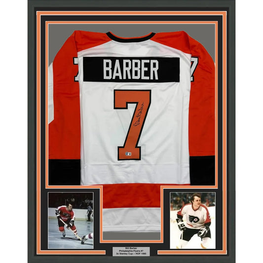 Professionally framed Bernie Parent Philadelphia white hockey jersey with player photos and plaque