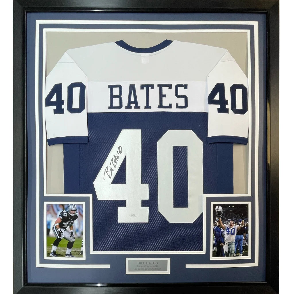 Bill Bates signed Dallas Cowboys Thanksgiving Day football jersey number 40 in 35x39 framed display with PSA DNA COA