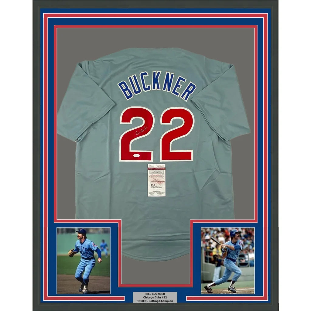 Framed Autographed Bill Buckner 35x39 Chicago Grey Baseball Jersey JSA COA | Hall of Fame Sports Memorabilia | vintageantiquesgifts.com