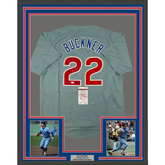 Framed Autographed Bill Buckner 35x39 Chicago Grey Baseball Jersey JSA COA | Hall of Fame Sports Memorabilia | vintageantiquesgifts.com