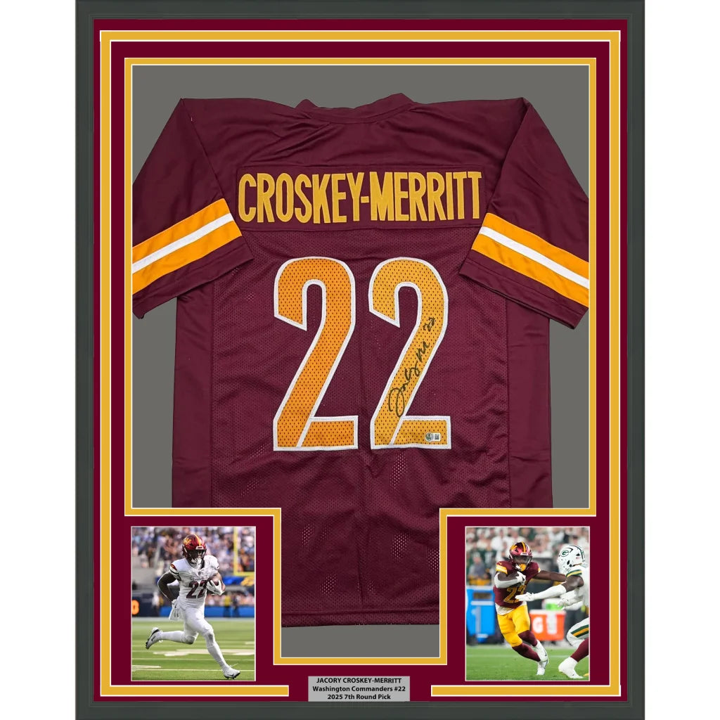 Framed Autographed Bill Jacory Croskey-Merritt 35x39 Washington Burgundy Football Jersey Beckett BAS COA | Hall of Fame Sports Memorabilia | vintageantiquesgifts.com
