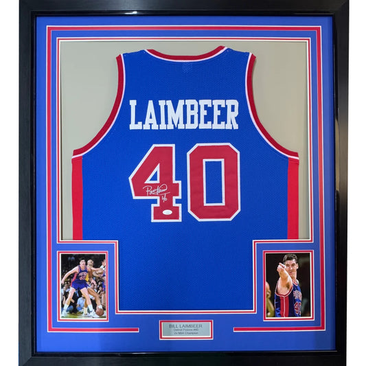 Framed autographed Bill Laimbeer Detroit blue basketball jersey with JSA COA