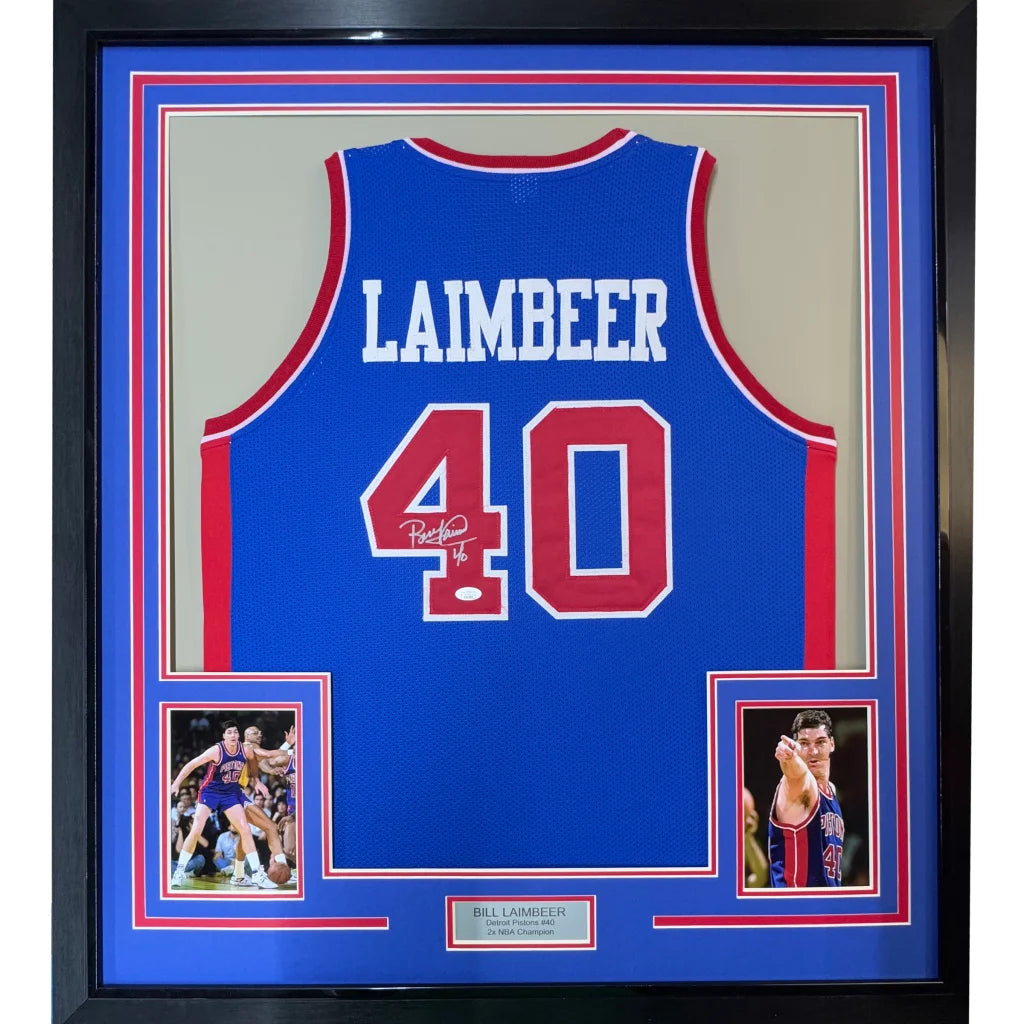 Professionally framed Detroit blue basketball jersey Bill Laimbeer with player photos