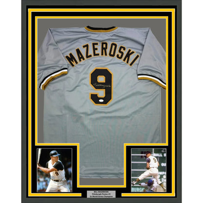 Framed autographed baseball jersey with player photos from Legendary Number 9 collection