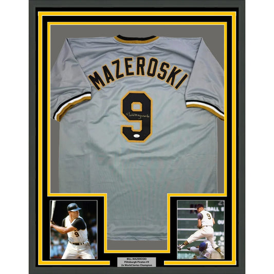 Framed autographed baseball jersey with player photos from Legendary Number 9 collection