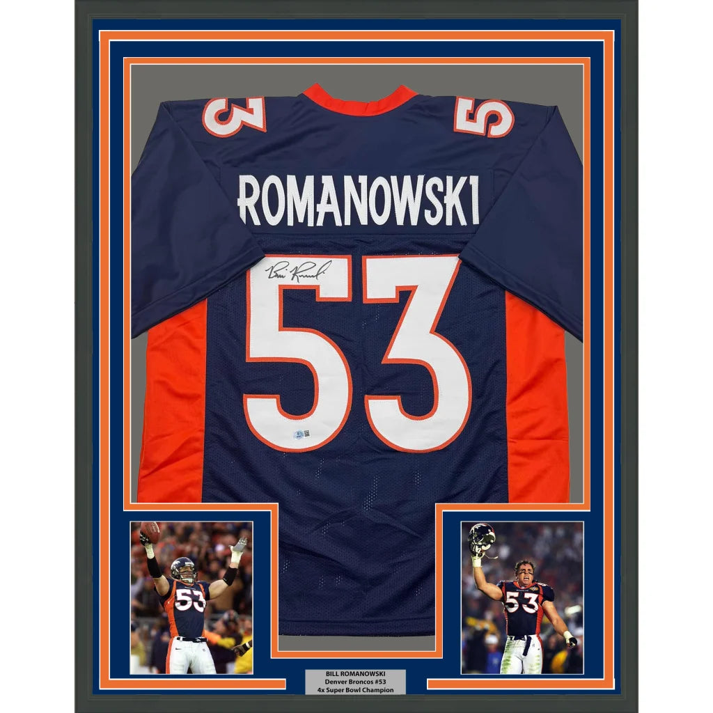 Framed signed Denver Broncos Bill Romanowski navy orange jersey