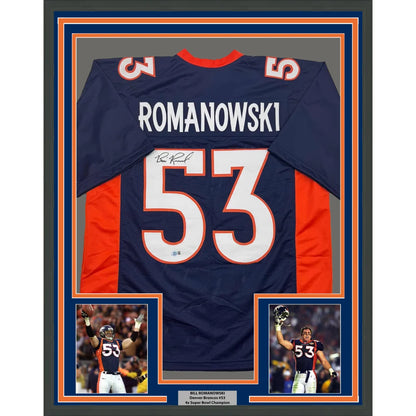 Framed signed Denver Broncos Bill Romanowski navy orange jersey
