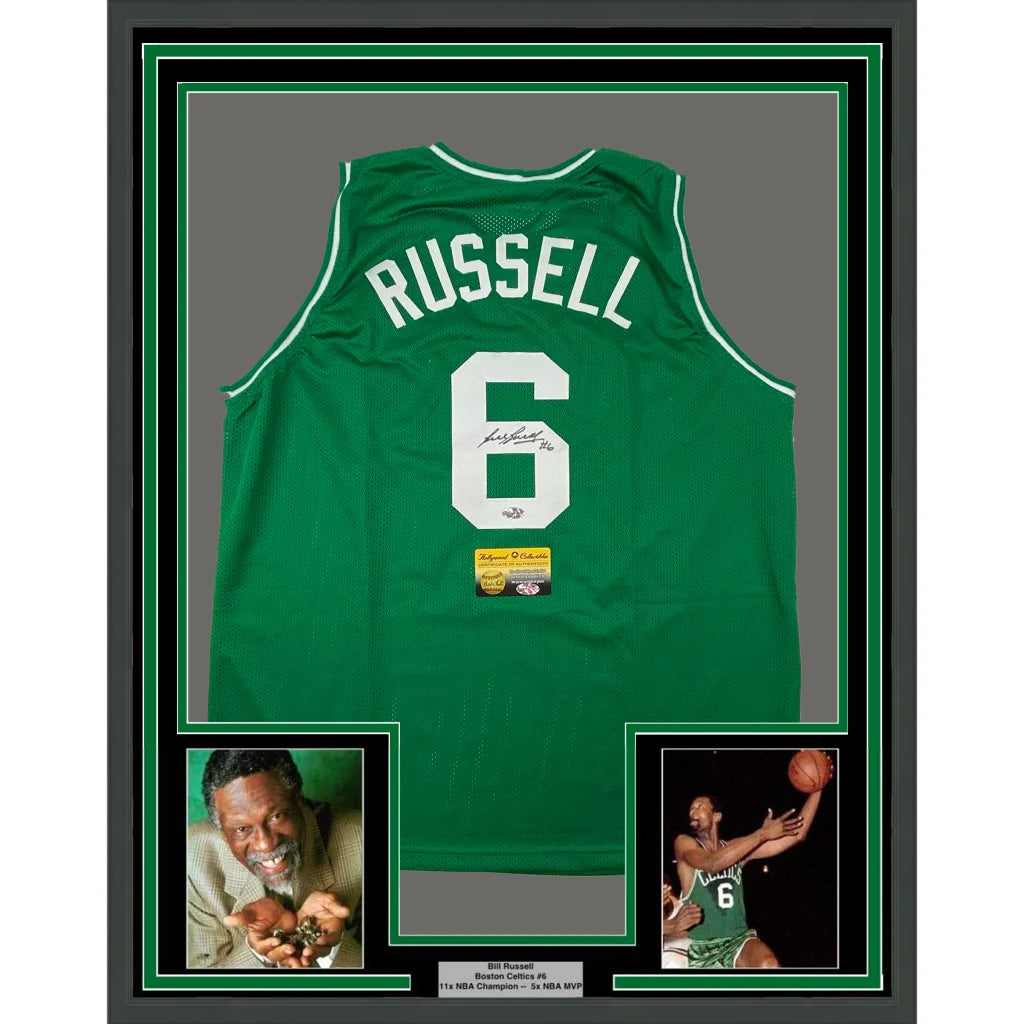 Framed Autographed Bill Russell 35x39 Boston Green Basketball Jersey Hollywood Collectibles COA | Hall of Fame Sports Memorabilia | vintageantiquesgifts.com