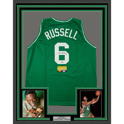 Framed Autographed Bill Russell 35x39 Boston Green Basketball Jersey Hollywood Collectibles COA | Hall of Fame Sports Memorabilia | vintageantiquesgifts.com