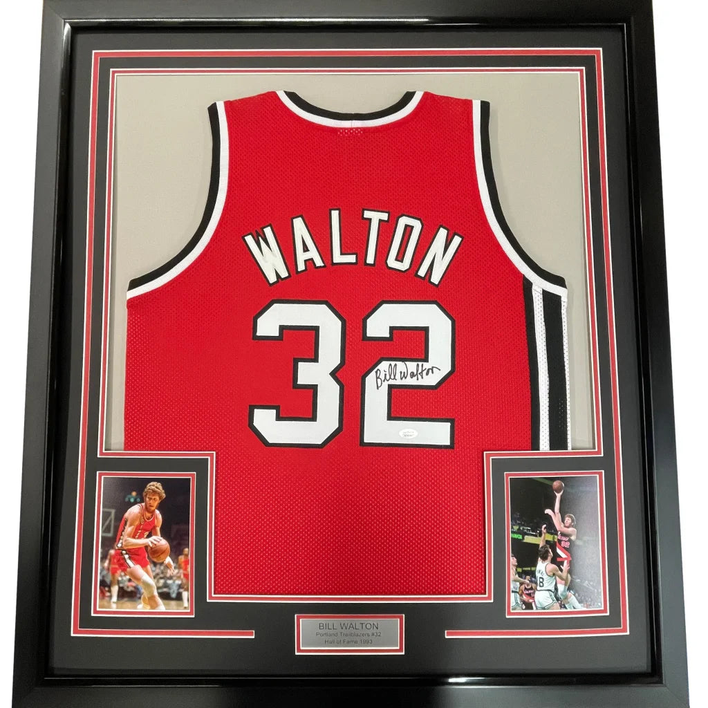 Framed Bill Walton autographed basketball jersey with photos and plaque for wall display