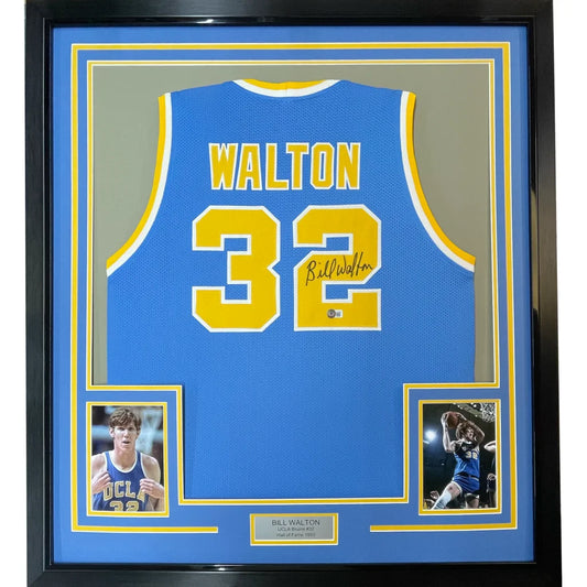Framed Autographed Bill Walton 35x39 UCLA Blue College Basketball Jersey JSA COA | Hall of Fame Sports Memorabilia | vintageantiquesgifts.com