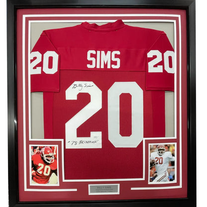 Framed autographed Billy Sims Oklahoma Sooners maroon jersey with number 20