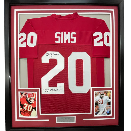Framed Autographed Billy Sims 78 Heisman 35x39 Oklahoma Maroon College Football Jersey JSA COA | Hall of Fame Sports Memorabilia | vintageantiquesgifts.com