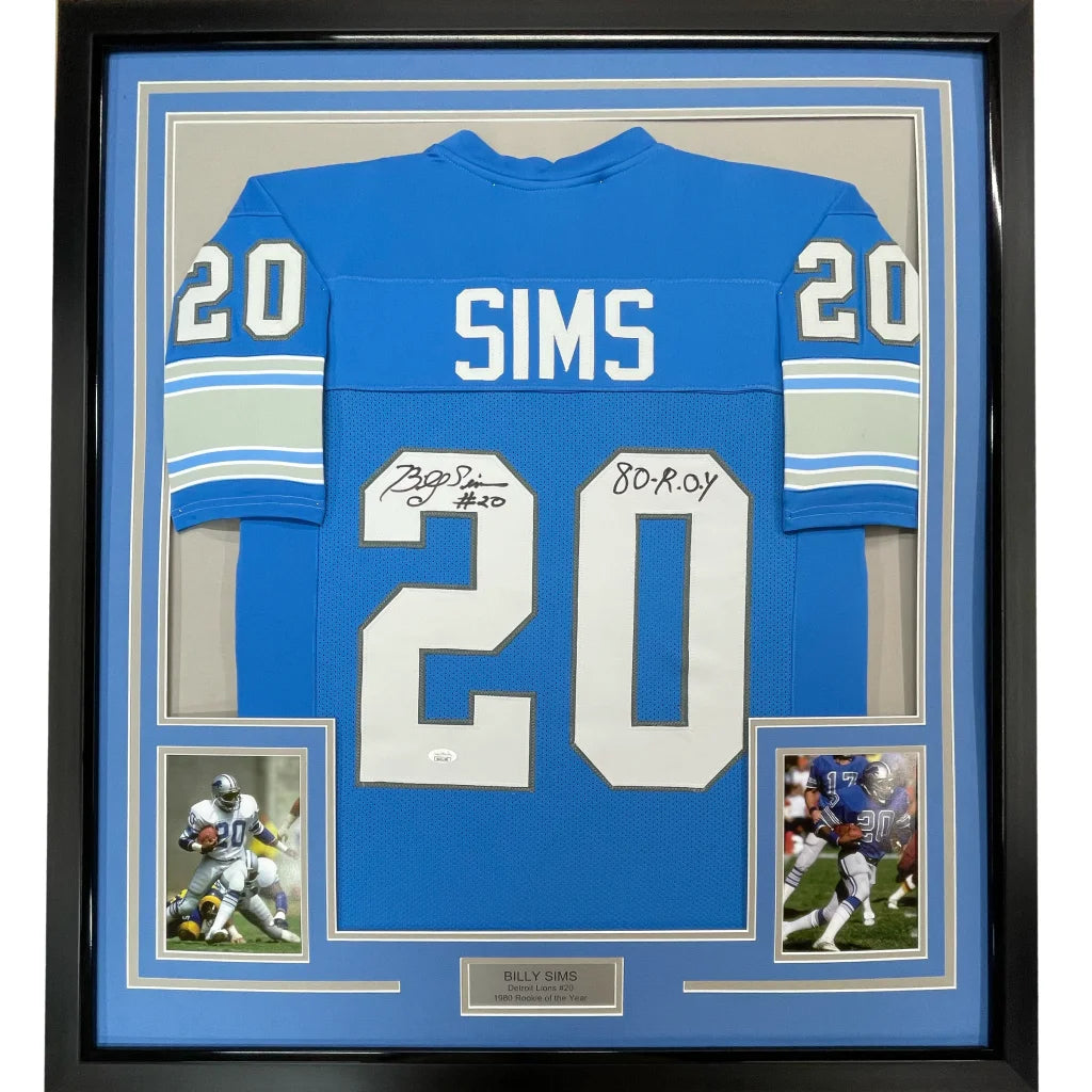Framed Autographed Billy Sims 80 ROY 35x39 Detroit Blue Football Jersey JSA COA | Hall of Fame Sports Memorabilia | vintageantiquesgifts.com