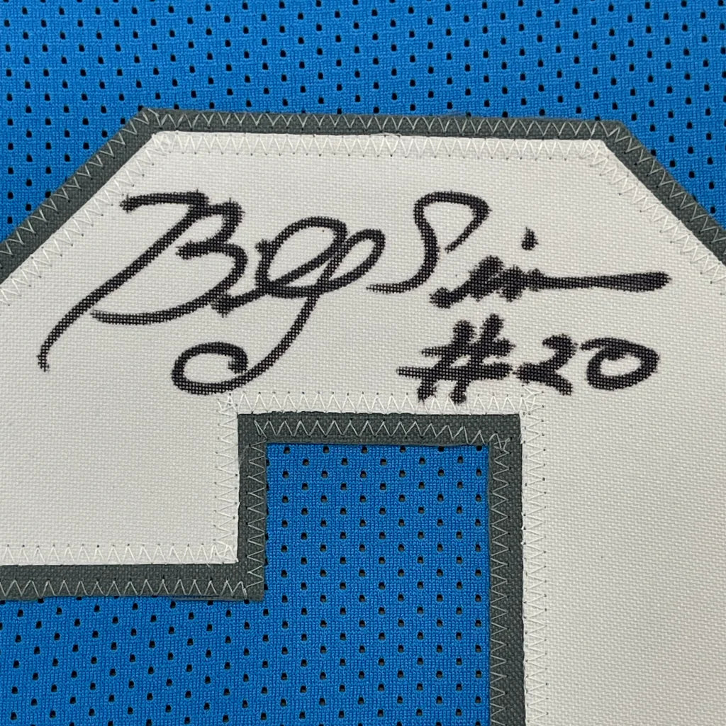 Framed Autographed Billy Sims 80 ROY 35x39 Detroit Blue Football Jersey JSA COA | Certified Authentic Signed Memorabilia | vintageantiquesgifts.com