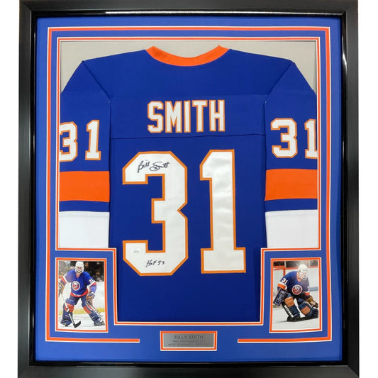Framed Autographed Billy Smith 35x39 New York Blue Hockey Jersey JSA COA | Hall of Fame Sports Memorabilia | vintageantiquesgifts.com
