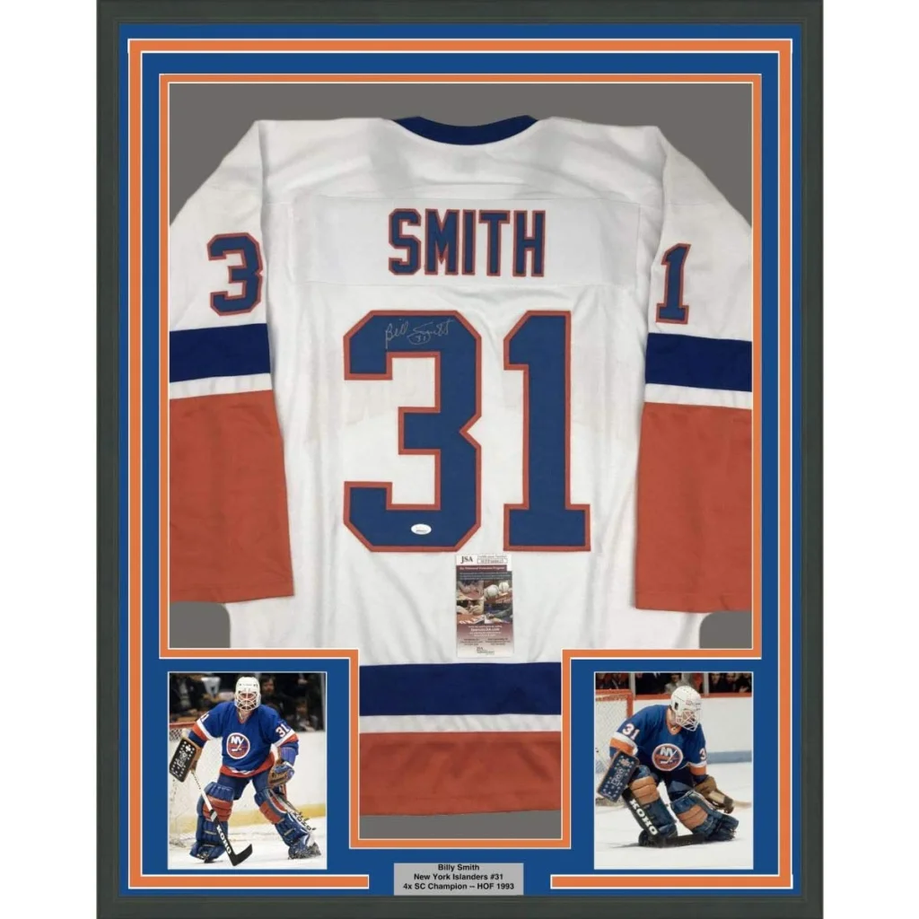 Framed Autographed Billy Smith 35x39 New York White Hockey Jersey JSA COA | Hall of Fame Sports Memorabilia | vintageantiquesgifts.com