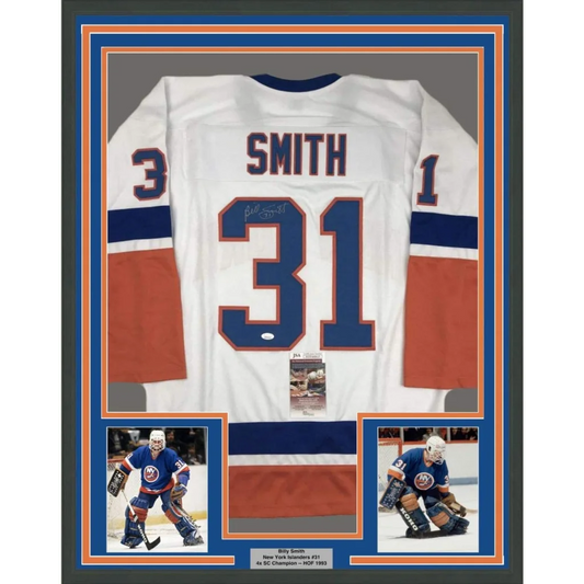 Framed Autographed Billy Smith 35x39 New York White Hockey Jersey JSA COA | Hall of Fame Sports Memorabilia | vintageantiquesgifts.com