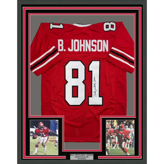 Framed Autographed Billy White Shoes Johnson 35x39 Atlanta Red Football Jersey JSA COA | Hall of Fame Sports Memorabilia | vintageantiquesgifts.com