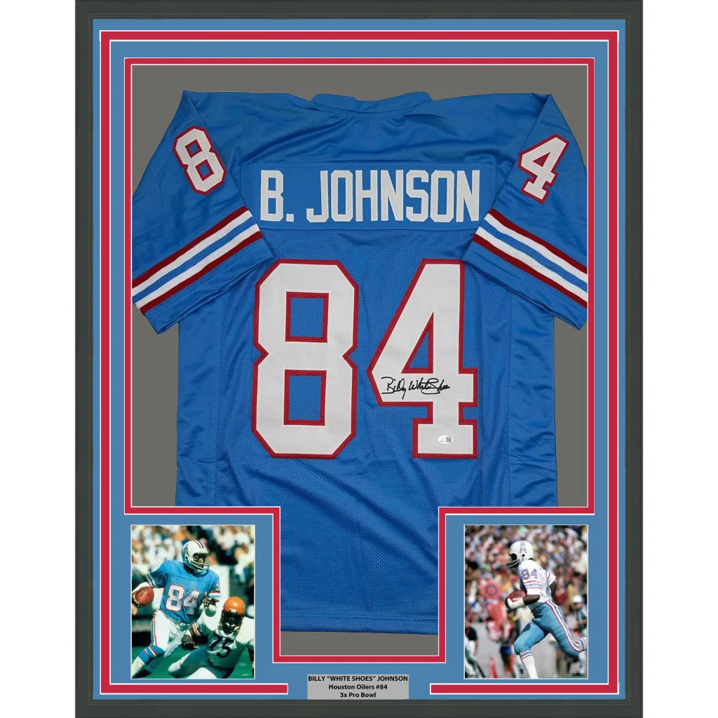 Framed Autographed Billy White Shoes Johnson 35x39 Tennessee Retro Light Blue Football Jersey JSA COA | Hall of Fame Sports Memorabilia | vintageantiquesgifts.com