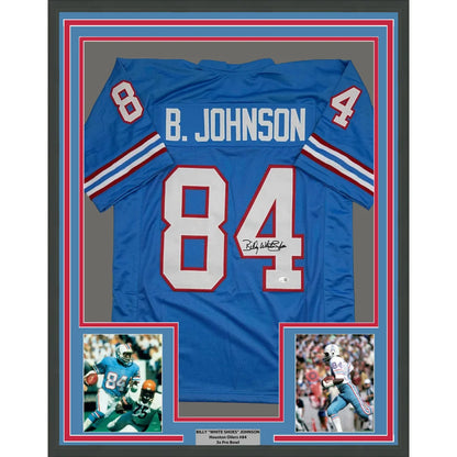 Framed Autographed Billy White Shoes Johnson 35x39 Tennessee Retro Light Blue Football Jersey JSA COA | Hall of Fame Sports Memorabilia | vintageantiquesgifts.com