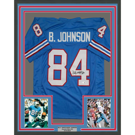 Framed Autographed Billy White Shoes Johnson 35x39 Tennessee Retro Light Blue Football Jersey JSA COA | Hall of Fame Sports Memorabilia | vintageantiquesgifts.com