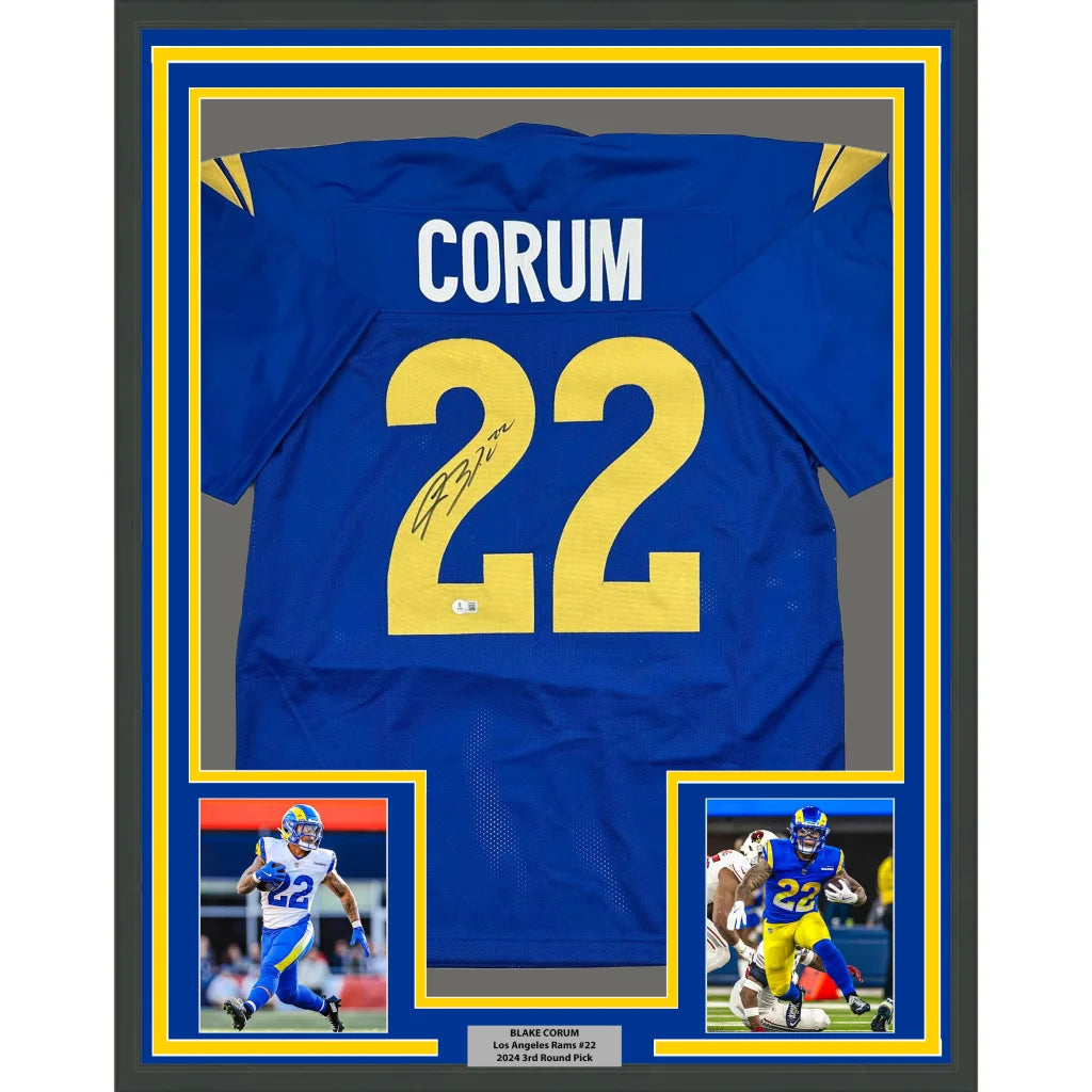 Professionally framed Blake Corum autographed Los Angeles Rams jersey for display