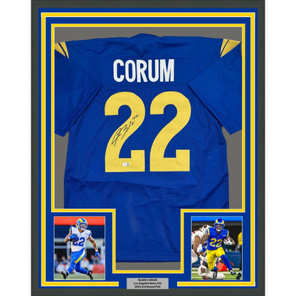 Professionally framed Blake Corum autographed Los Angeles Rams jersey for display