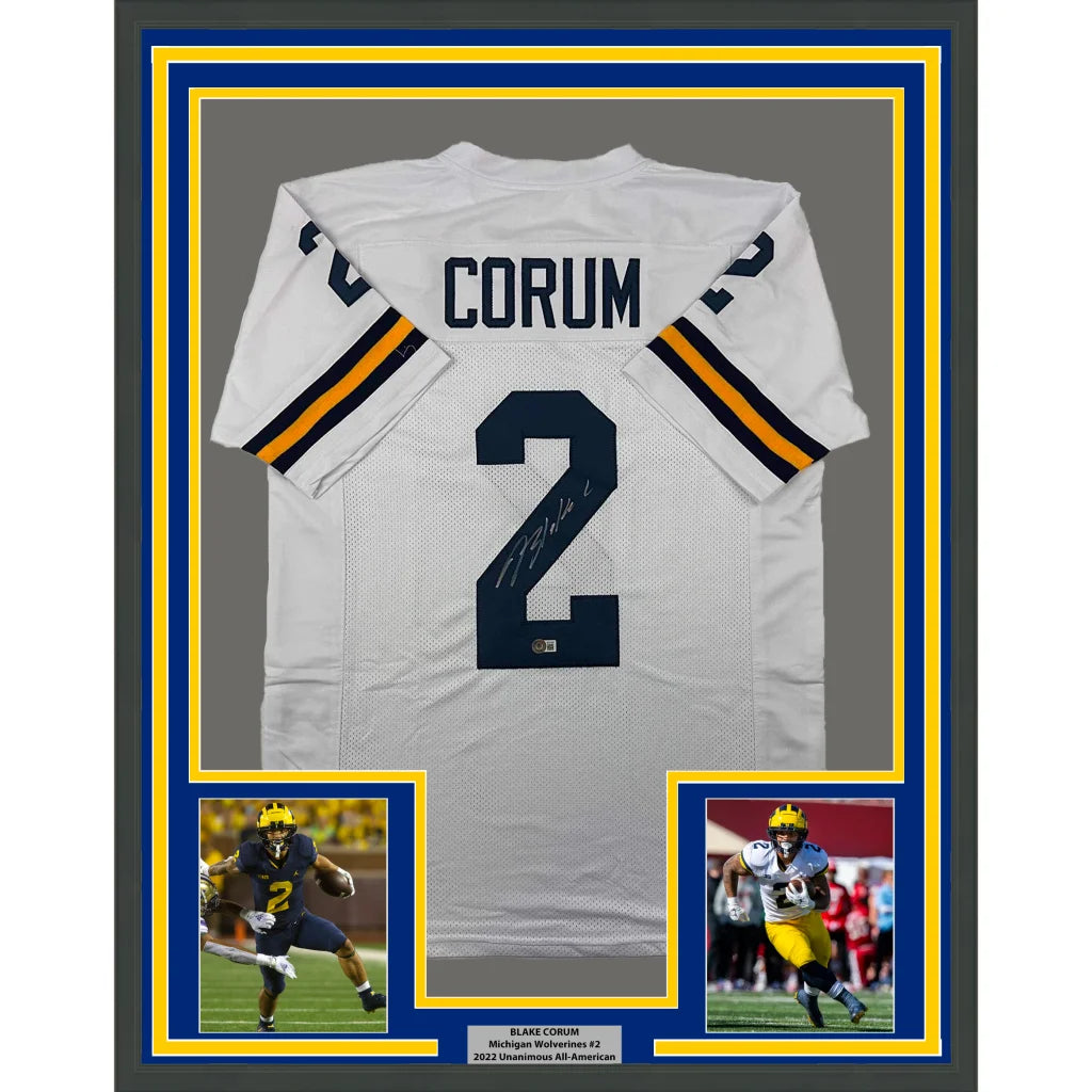 Framed Autographed Blake Corum 35x39 Michigan White College Football Jersey Beckett BAS COA | Hall of Fame Sports Memorabilia | vintageantiquesgifts.com