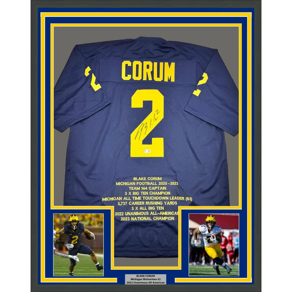 Framed Autographed Blake Corum Michigan 35x39 Blue Stat College Football Jersey Beckett BAS COA | Hall of Fame Sports Memorabilia | vintageantiquesgifts.com