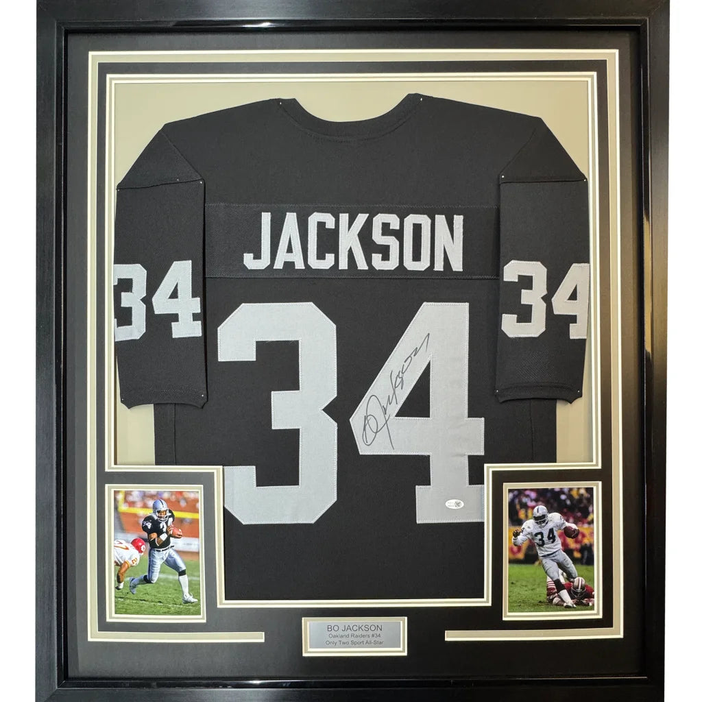Framed Autographed Bo Jackson 35x39 Oakland Black Football Jersey JSA COA | Hall of Fame Sports Memorabilia | vintageantiquesgifts.com