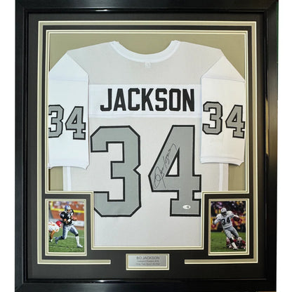 Framed autographed Bo Jackson white Oakland Raiders jersey with Jackson 34, JSA COA