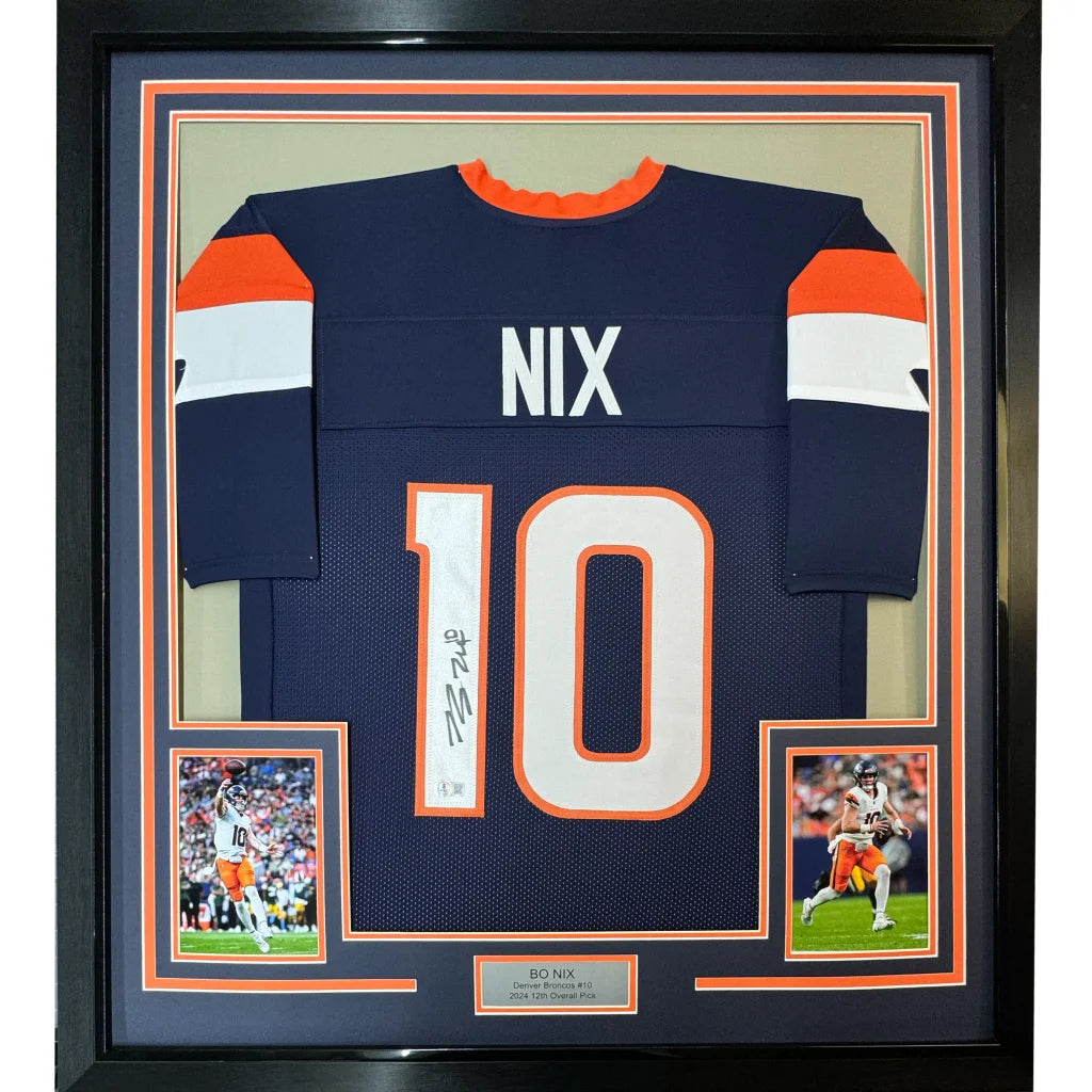 Framed autographed navy blue and orange denver broncos football jersey with nix 10 signed by bo nix with bas coa