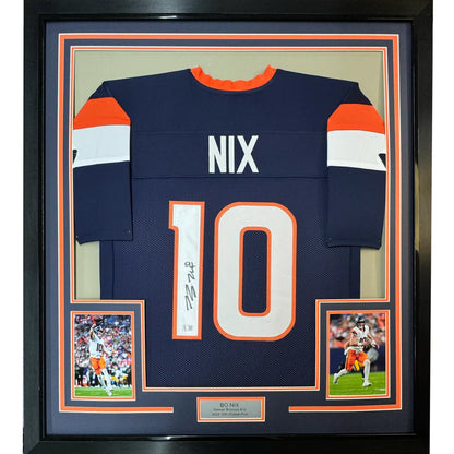 Framed autographed navy blue and orange denver broncos football jersey with nix 10 signed by bo nix with bas coa