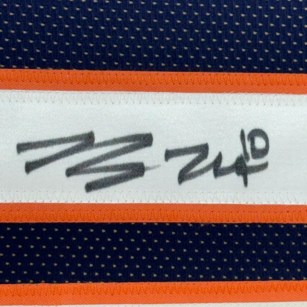 Framed autographed bo nix denver blue football jersey with white label black signature orange navy mesh border
