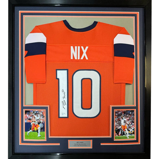 Framed Bo Nix autographed football jersey with photos in premium frame display