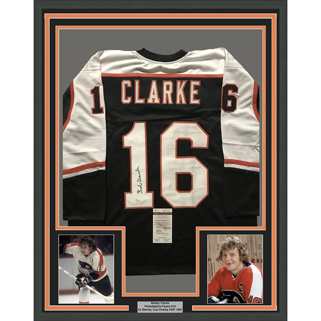 Framed Autographed Bob Bobby Clarke 35x39 Philadelphia Black Hockey Jersey JSA COA | Hall of Fame Sports Memorabilia | vintageantiquesgifts.com