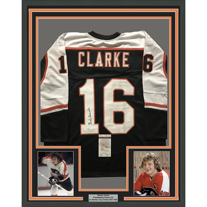 Framed Autographed Bob Bobby Clarke 35x39 Philadelphia Black Hockey Jersey JSA COA | Hall of Fame Sports Memorabilia | vintageantiquesgifts.com