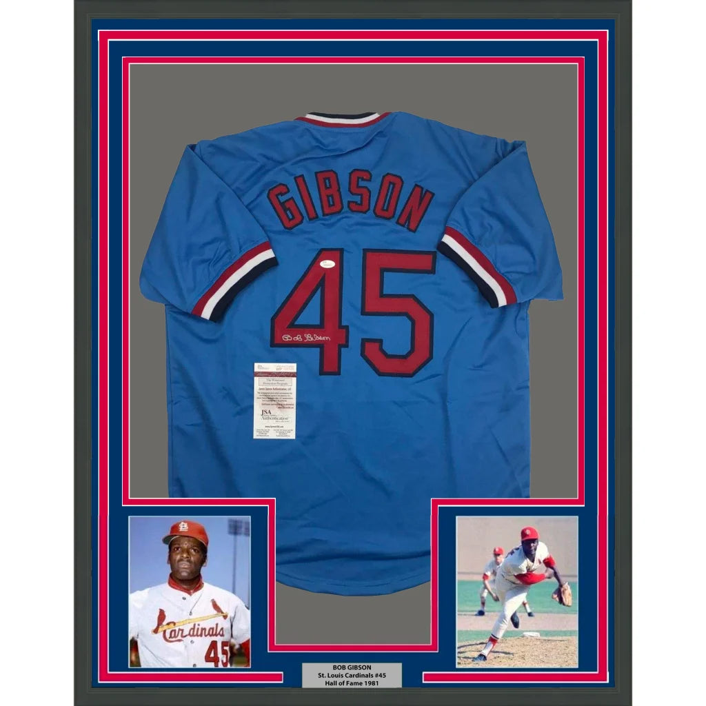 Framed Bob Gibson Cardinals jersey with autograph and two photos for display