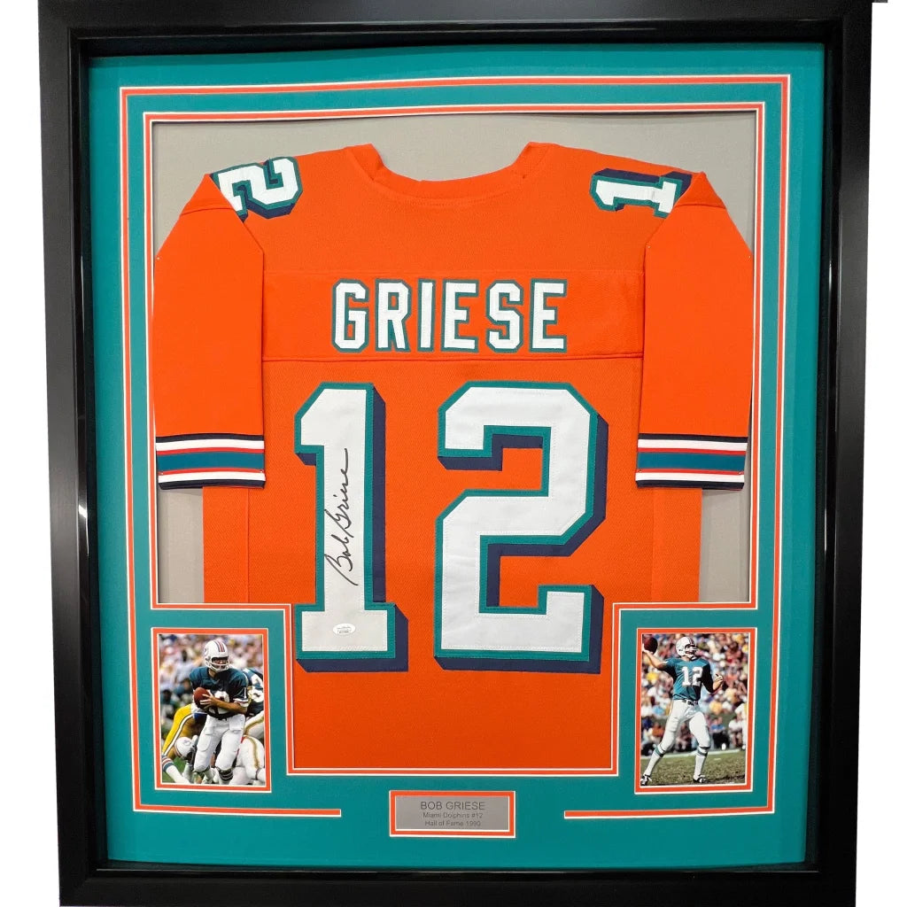 Framed signed Bob Griese orange Miami Dolphins jersey back, Griese 12, JSA COA