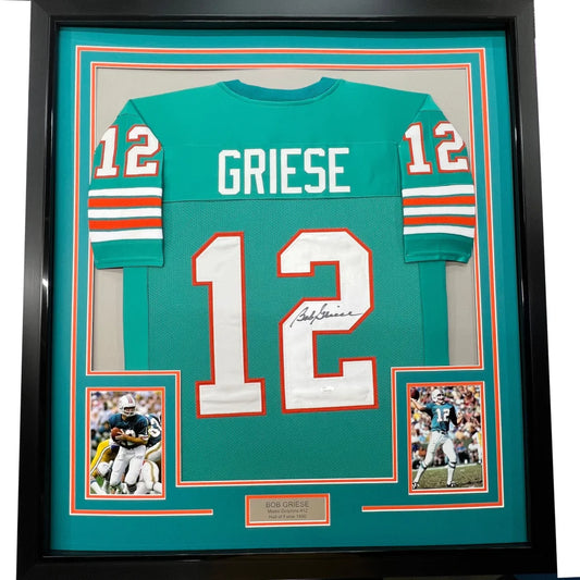 Framed autographed Bob Griese Miami Dolphins teal jersey with Griese 12, JSA COA