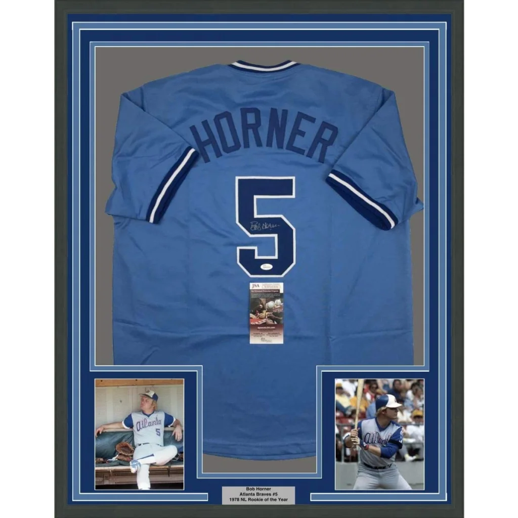 Framed Bob Horner JSA COA blue jersey with number 5 and autograph, perfect man cave decor