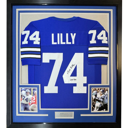 Professionally framed Bob Lilly HOF Dallas retro blue jersey with autographs and photos